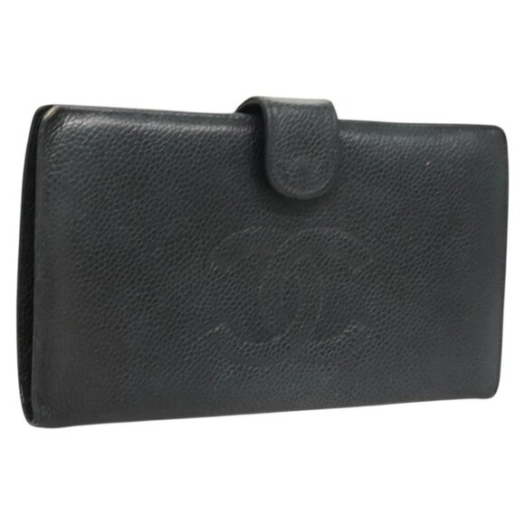 CHANEL COCO Mark Long Wallet Grained Calf Skin Navy Gold - Picture 1 of 16